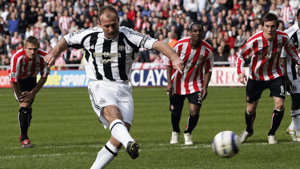 Alan Shearer scoring a penalty for Newcastle United against Sunderland