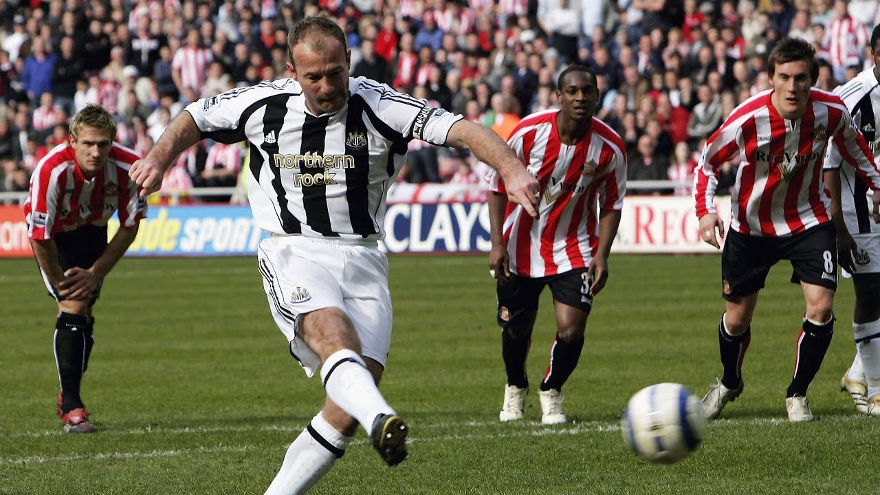 Alan Shearer scoring a penalty for Newcastle United against Sunderland